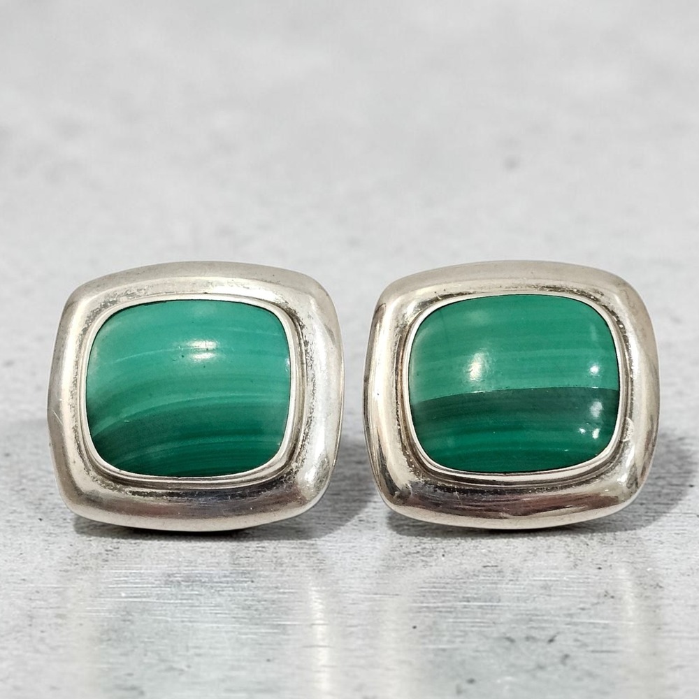 Vintage Sterling Silver Malachite Great Falls Metal Work Earrings Signed (GFMW)
